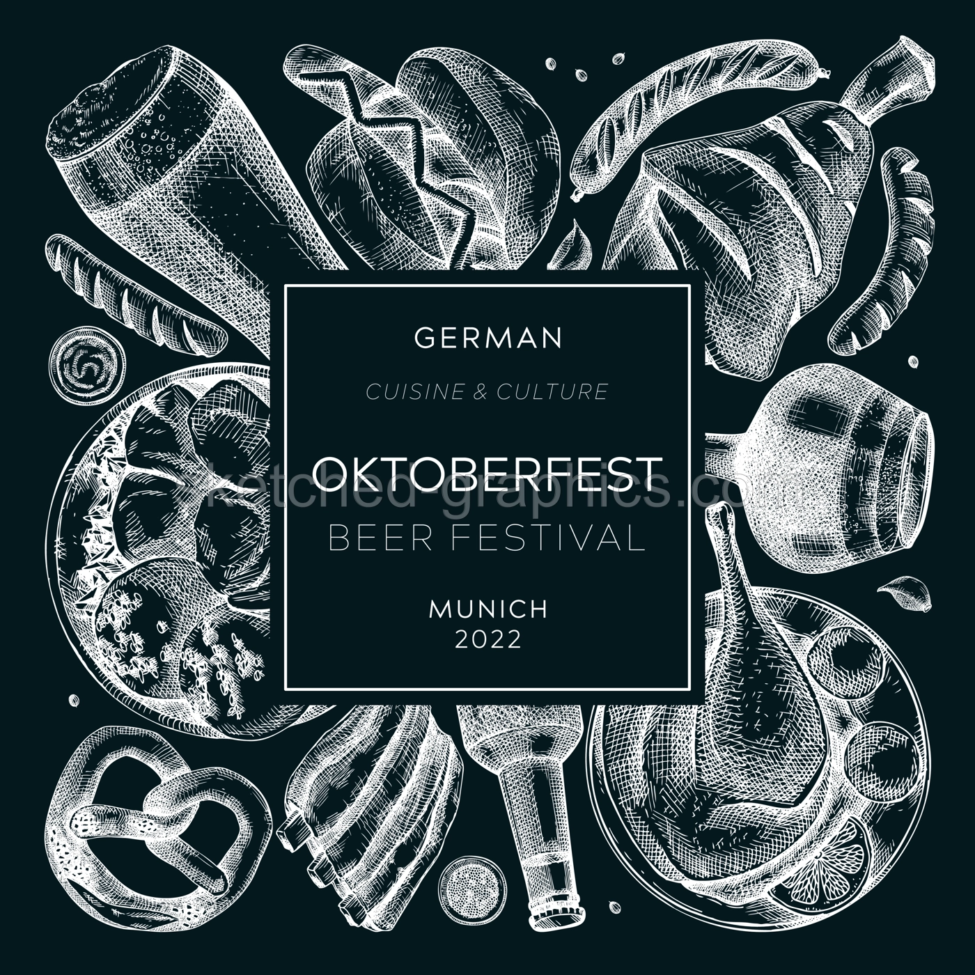 Oktoberfest background on chalkboard. German food and drinks menu design. Vector meat dishes sketches. German cuisine vintage wreath. Traditional beer festival illustration in sketched style.  Illustration